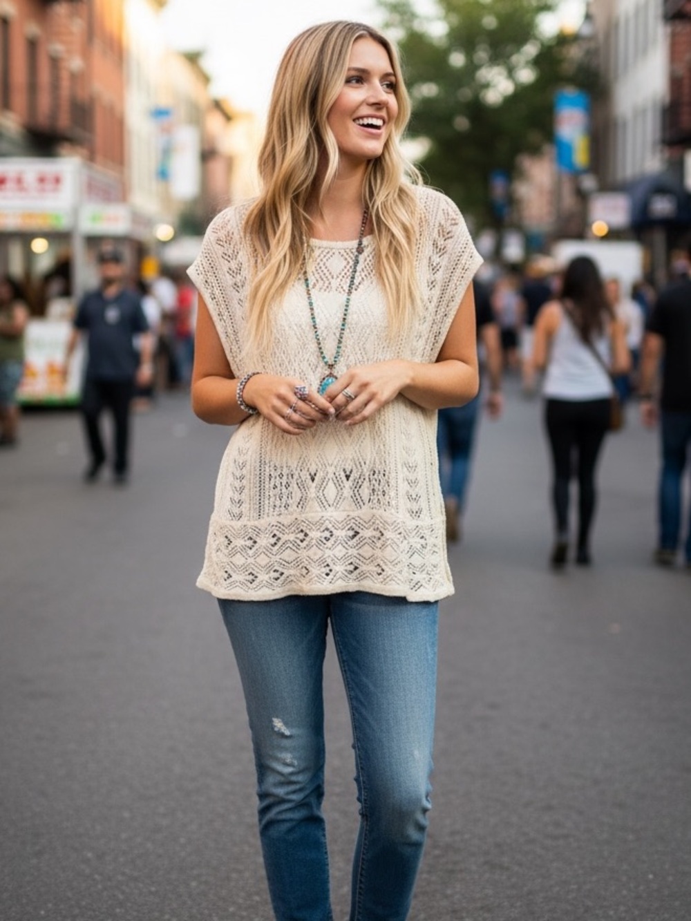 VINTAGE BOHO CROCHET OPEN-KNIT SWEATER SIZE SMALL HIPPIE CHICK FESTIVAL TOP CUTE
